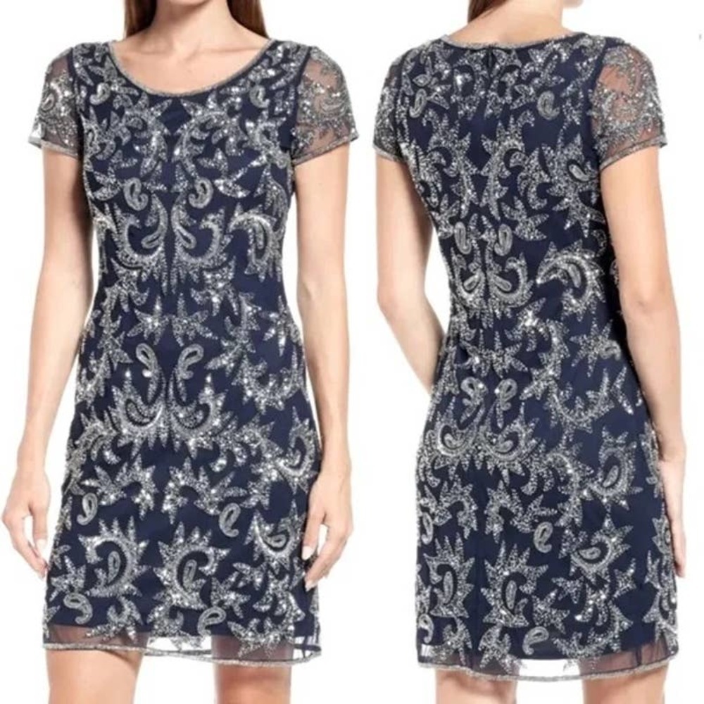 PISARRO NIGHTS MINI BEADED SHORT SLEEVE COCKTAIL DRESS NWT‎ SIZE 4